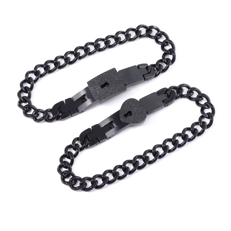 A Set Couple Bracelet Heart Lock Bracelet and Key Necklace Stainless Steel Choker Lover Jewelry
