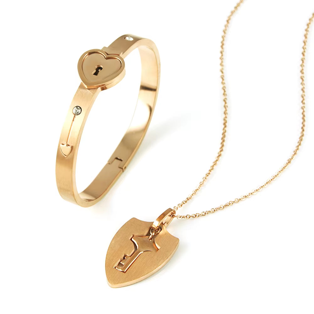 A Set Couple Bracelet Heart Lock Bracelet and Key Necklace Stainless Steel Choker Lover Jewelry
