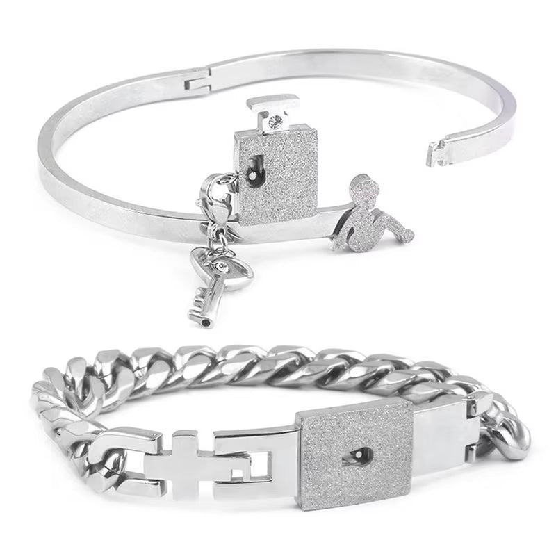 A Set Couple Bracelet Heart Lock Bracelet and Key Necklace Stainless Steel Choker Lover Jewelry