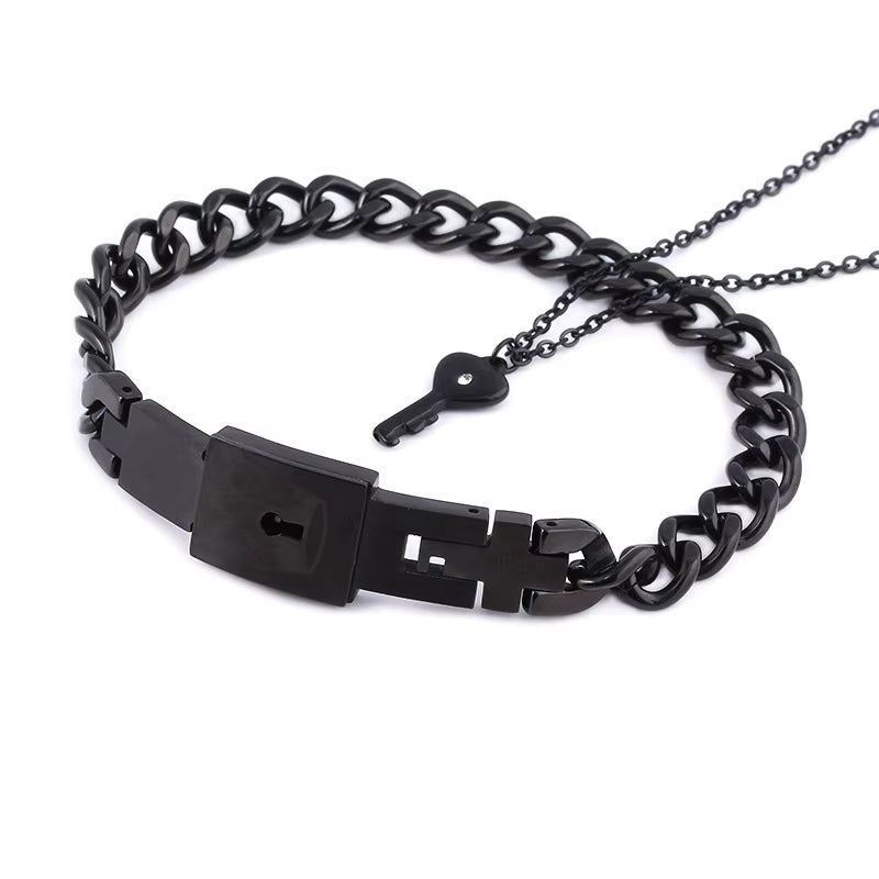 A Set Couple Bracelet Heart Lock Bracelet and Key Necklace Stainless Steel Choker Lover Jewelry