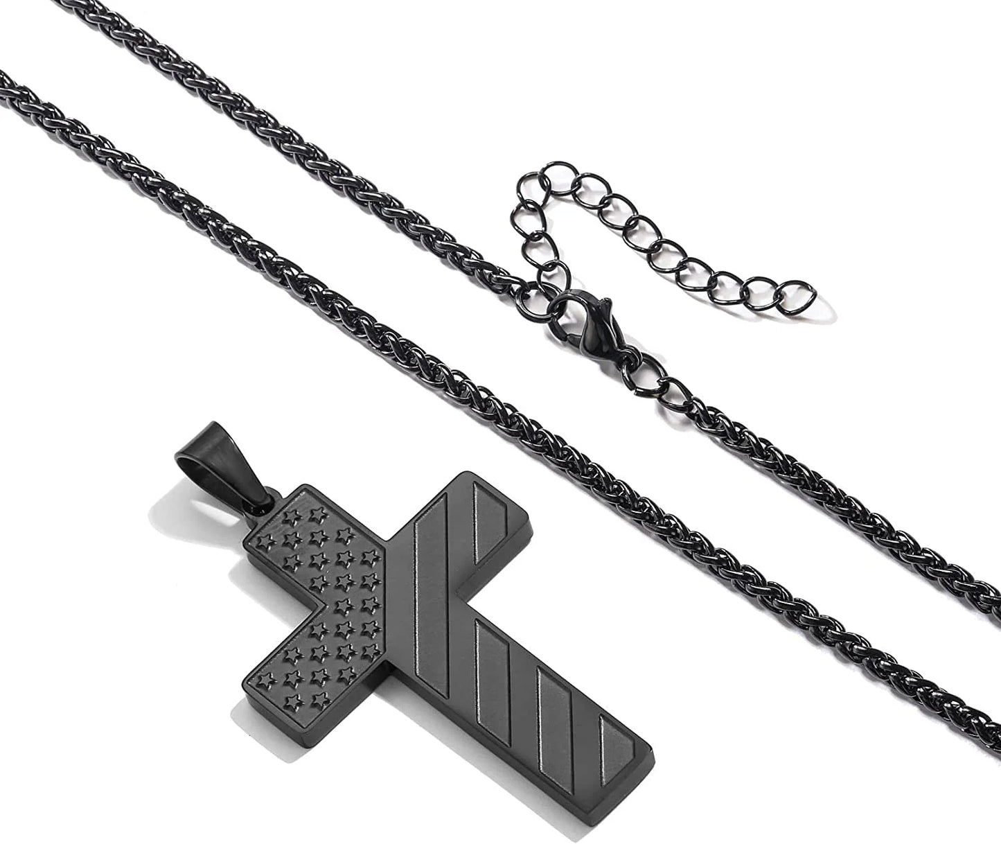 Silver Cross Necklace for Men Bible Verse Stainless Steel American Flag Pendant Chain for Men