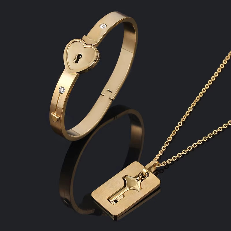 A Set Couple Bracelet Heart Lock Bracelet and Key Necklace Stainless Steel Choker Lover Jewelry