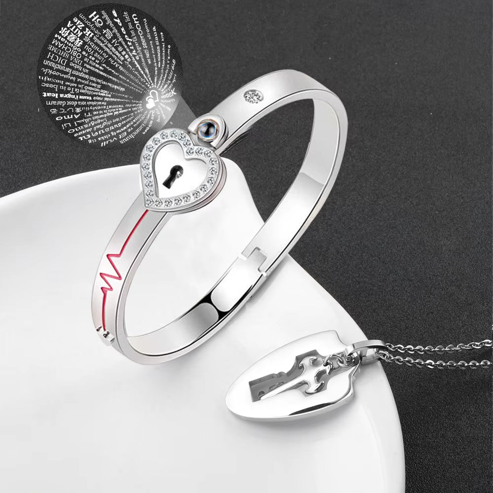A Set Couple Bracelet Heart Lock Bracelet and Key Necklace Stainless Steel Choker Lover Jewelry