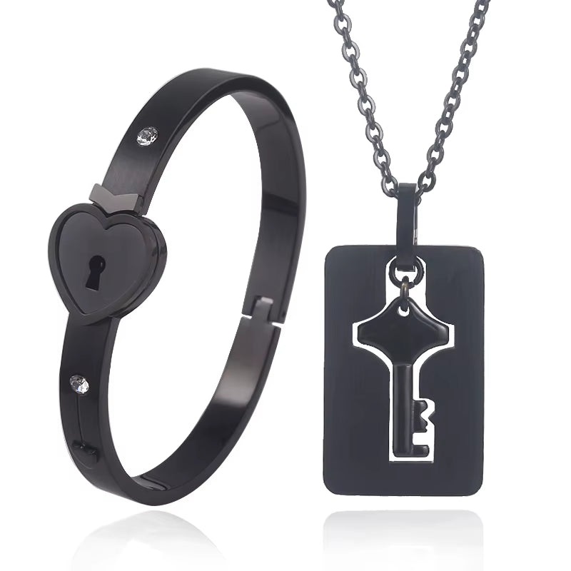 A Set Couple Bracelet Heart Lock Bracelet and Key Necklace Stainless Steel Choker Lover Jewelry