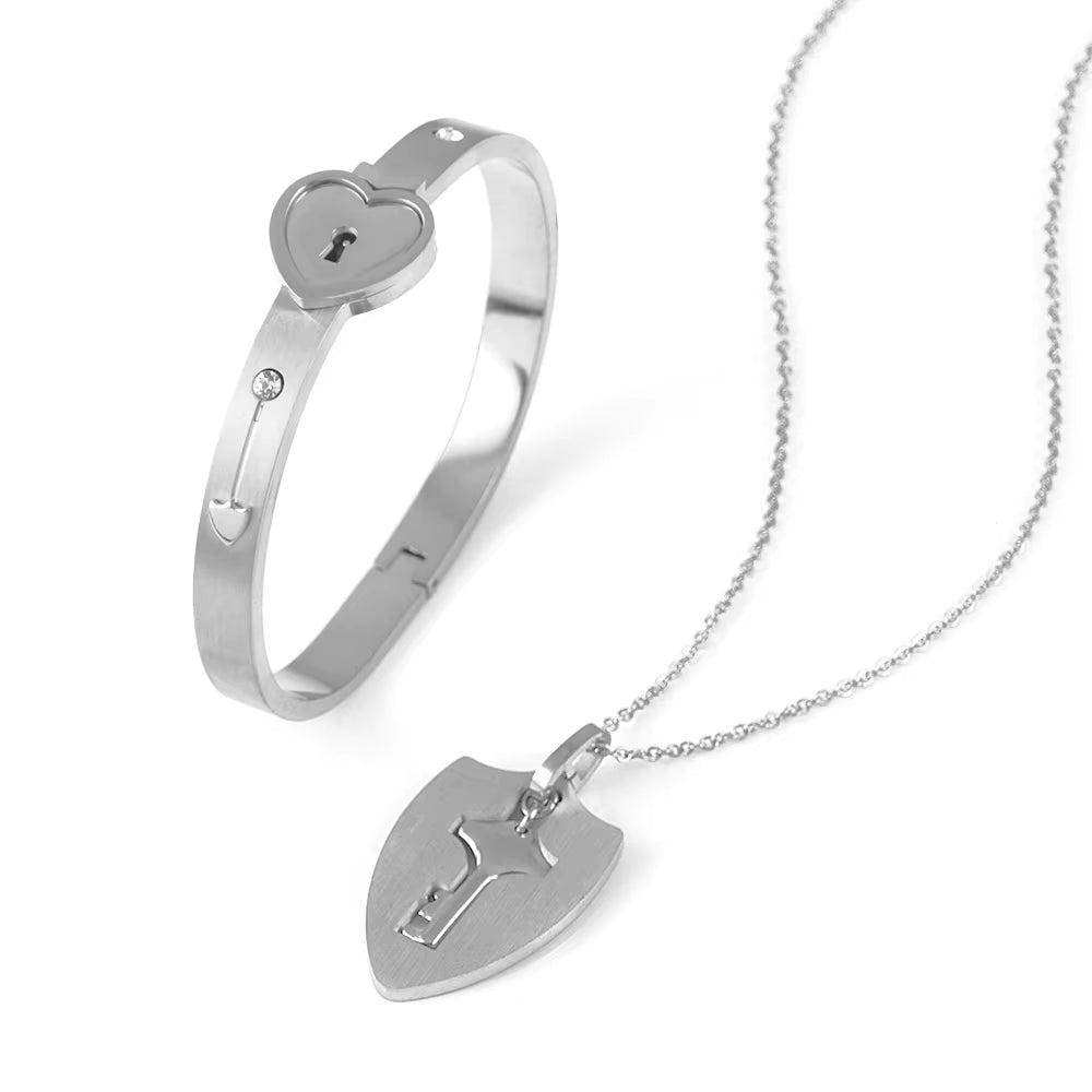 A Set Couple Bracelet Heart Lock Bracelet and Key Necklace Stainless Steel Choker Lover Jewelry