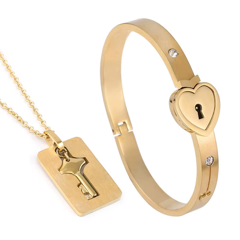 A Set Couple Bracelet Heart Lock Bracelet and Key Necklace Stainless Steel Choker Lover Jewelry