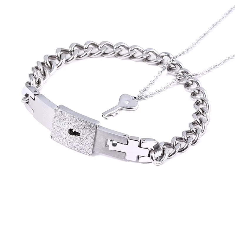 A Set Couple Bracelet Heart Lock Bracelet and Key Necklace Stainless Steel Choker Lover Jewelry