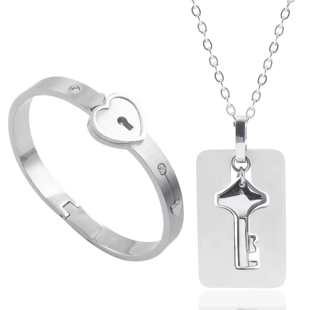 A Set Couple Bracelet Heart Lock Bracelet and Key Necklace Stainless Steel Choker Lover Jewelry