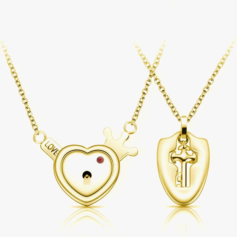 A Set Couple Bracelet Heart Lock Bracelet and Key Necklace Stainless Steel Choker Lover Jewelry