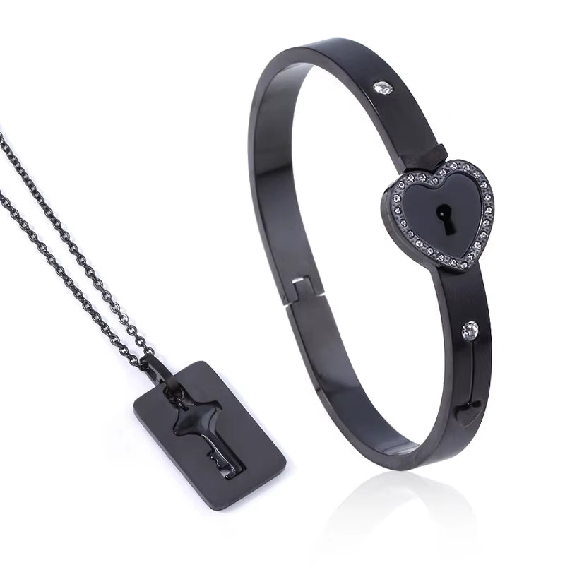 A Set Couple Bracelet Heart Lock Bracelet and Key Necklace Stainless Steel Choker Lover Jewelry