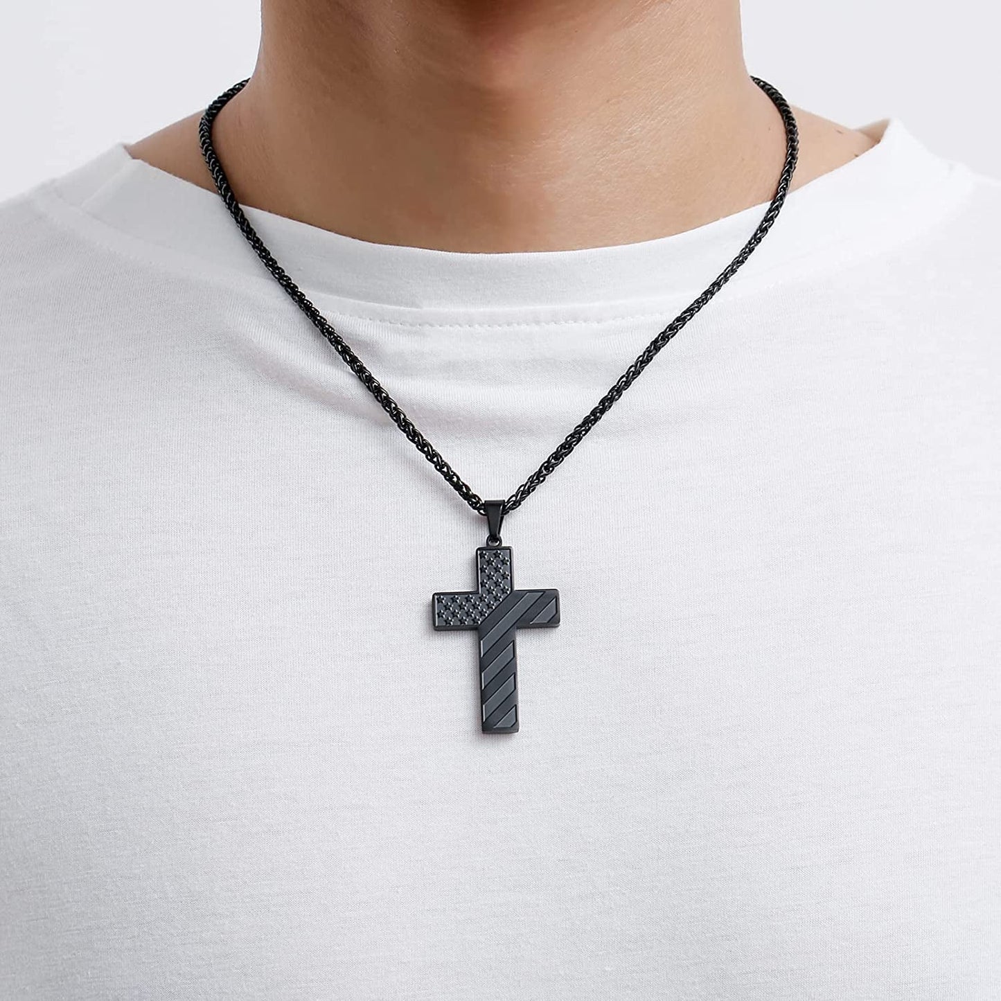 Silver Cross Necklace for Men Bible Verse Stainless Steel American Flag Pendant Chain for Men