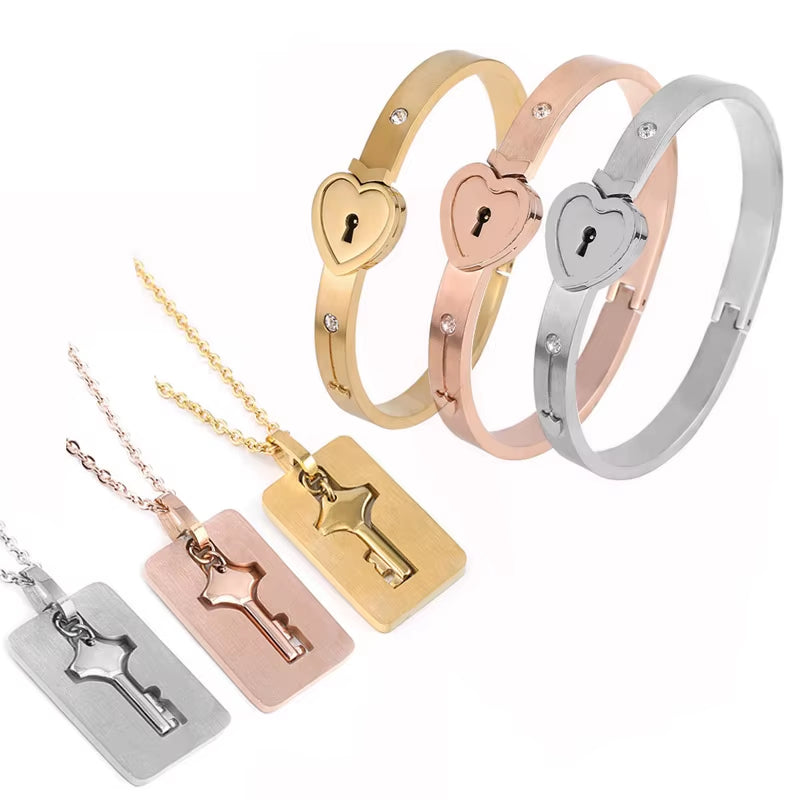 A Set Couple Bracelet Heart Lock Bracelet and Key Necklace Stainless Steel Choker Lover Jewelry