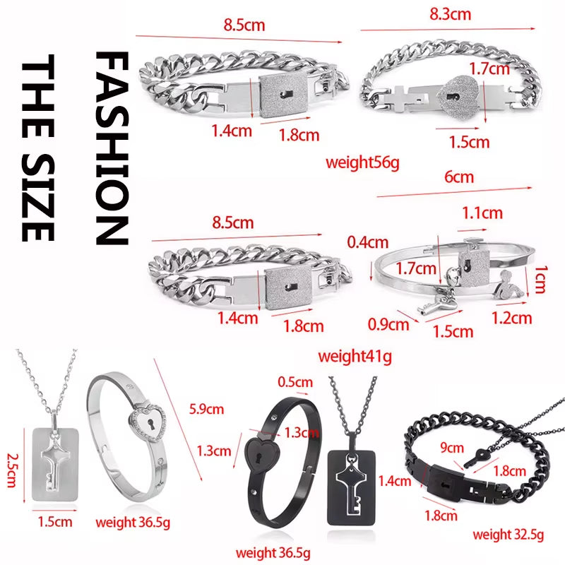 A Set Couple Bracelet Heart Lock Bracelet and Key Necklace Stainless Steel Choker Lover Jewelry