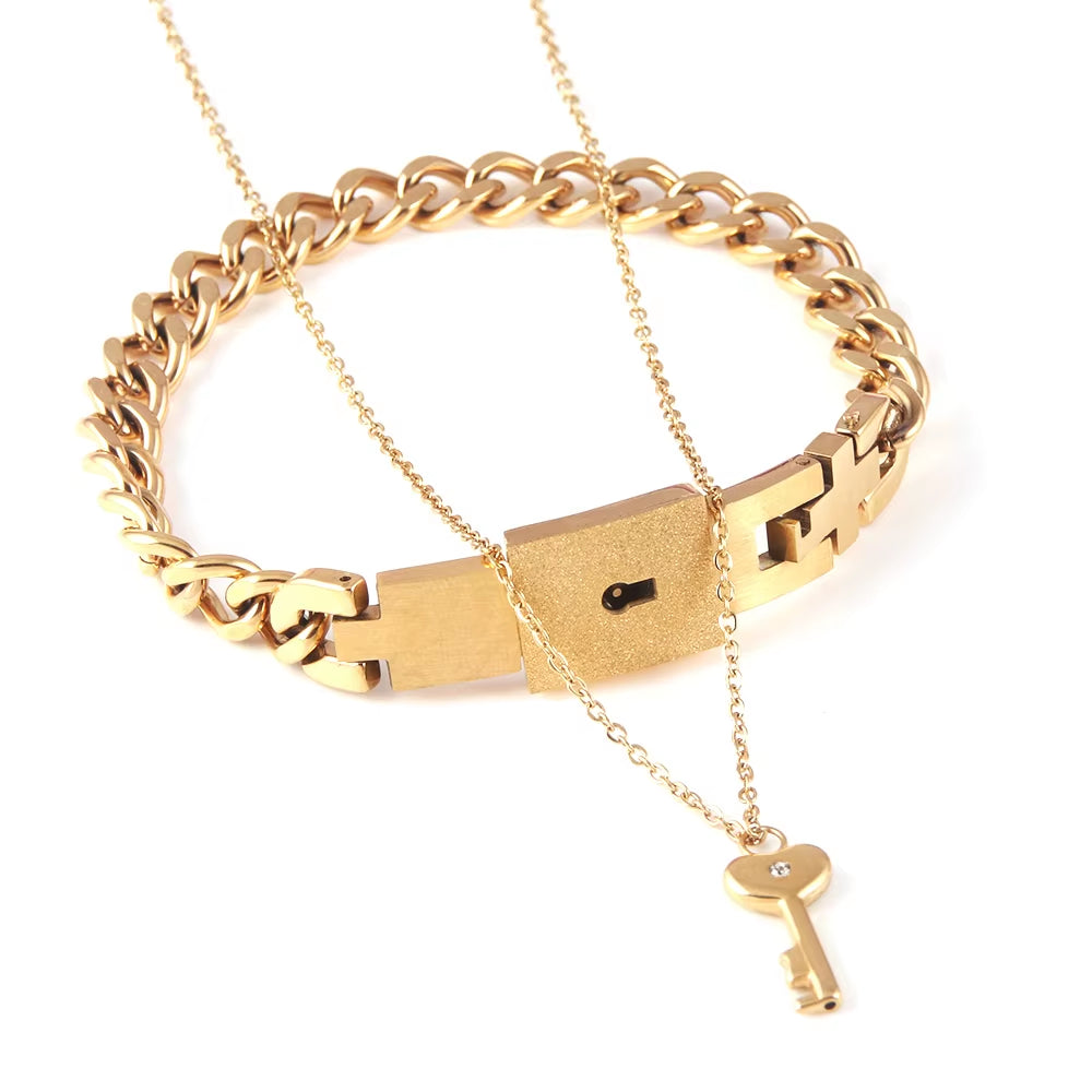 A Set Couple Bracelet Heart Lock Bracelet and Key Necklace Stainless Steel Choker Lover Jewelry