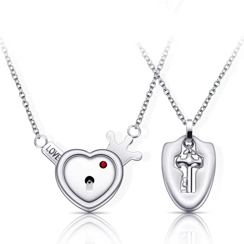 A Set Couple Bracelet Heart Lock Bracelet and Key Necklace Stainless Steel Choker Lover Jewelry