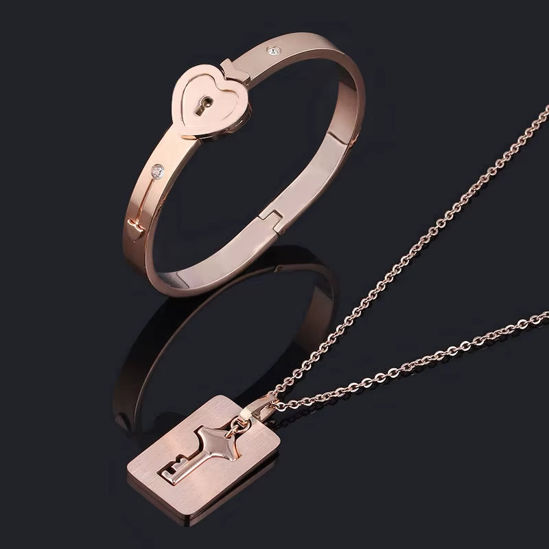 A Set Couple Bracelet Heart Lock Bracelet and Key Necklace Stainless Steel Choker Lover Jewelry