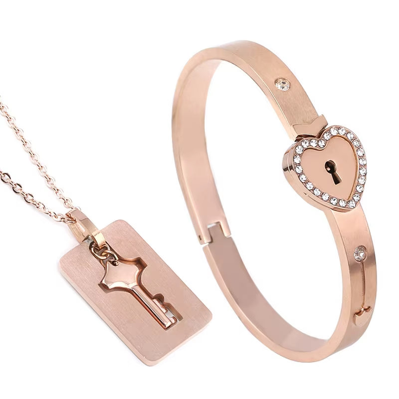 A Set Couple Bracelet Heart Lock Bracelet and Key Necklace Stainless Steel Choker Lover Jewelry
