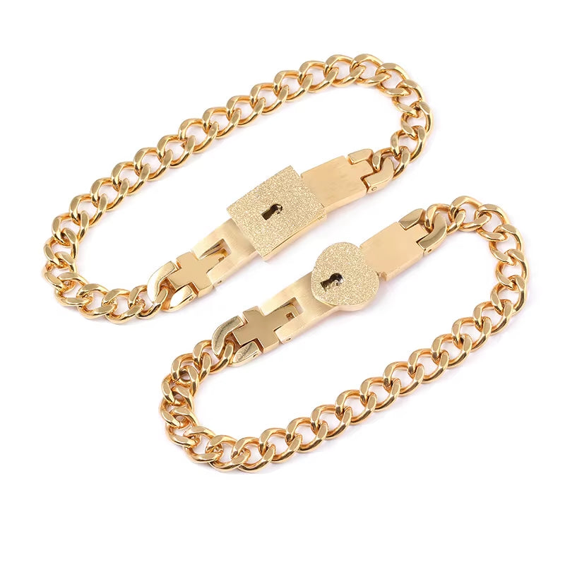 A Set Couple Bracelet Heart Lock Bracelet and Key Necklace Stainless Steel Choker Lover Jewelry