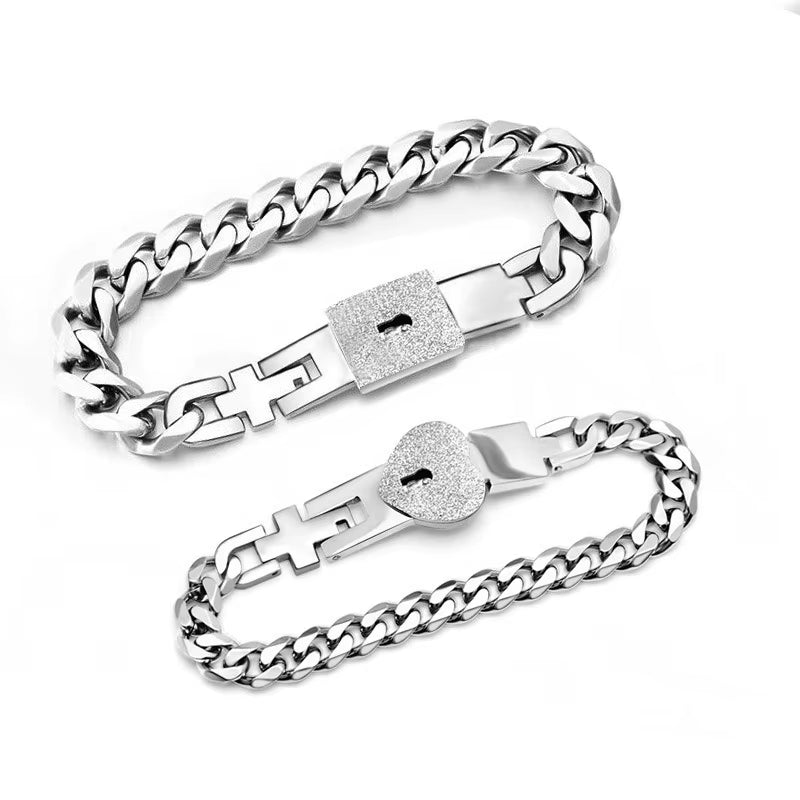 A Set Couple Bracelet Heart Lock Bracelet and Key Necklace Stainless Steel Choker Lover Jewelry