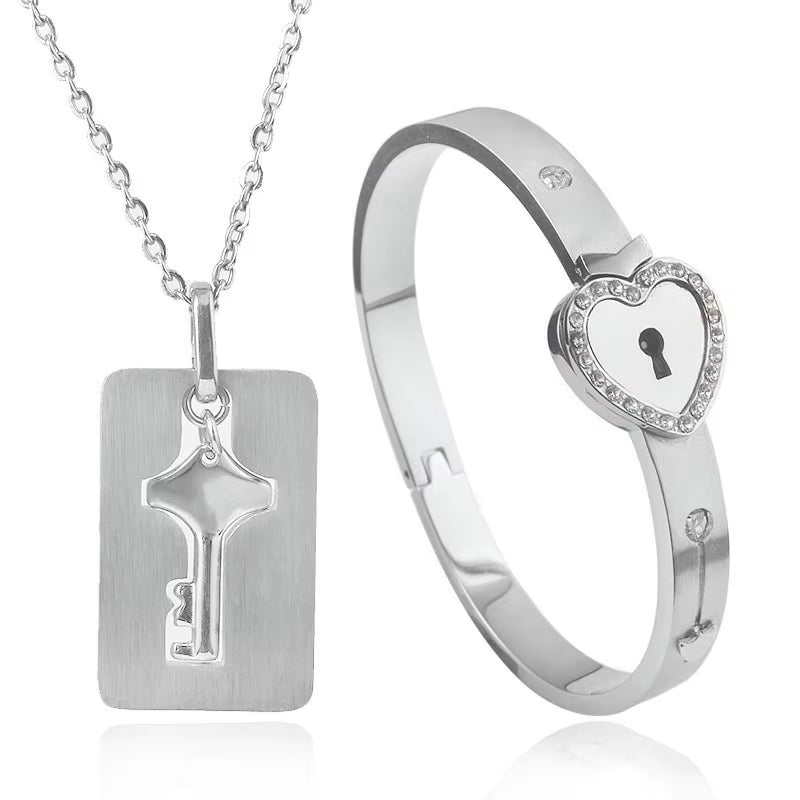 A Set Couple Bracelet Heart Lock Bracelet and Key Necklace Stainless Steel Choker Lover Jewelry