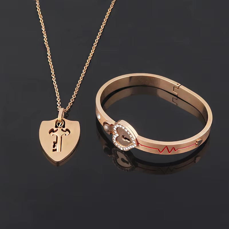A Set Couple Bracelet Heart Lock Bracelet and Key Necklace Stainless Steel Choker Lover Jewelry