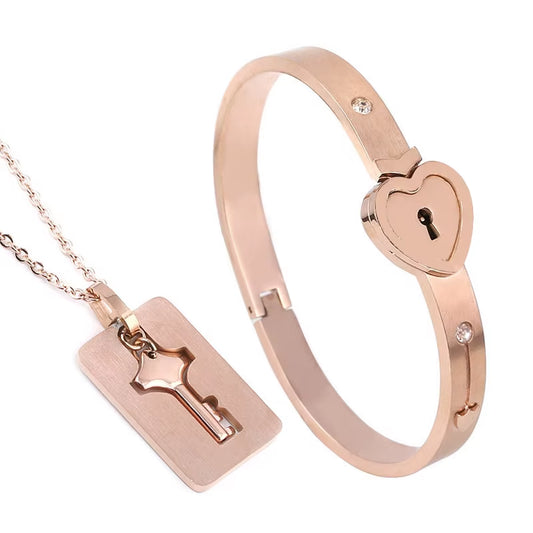 A Set Couple Bracelet Heart Lock Bracelet and Key Necklace Stainless Steel Choker Lover Jewelry
