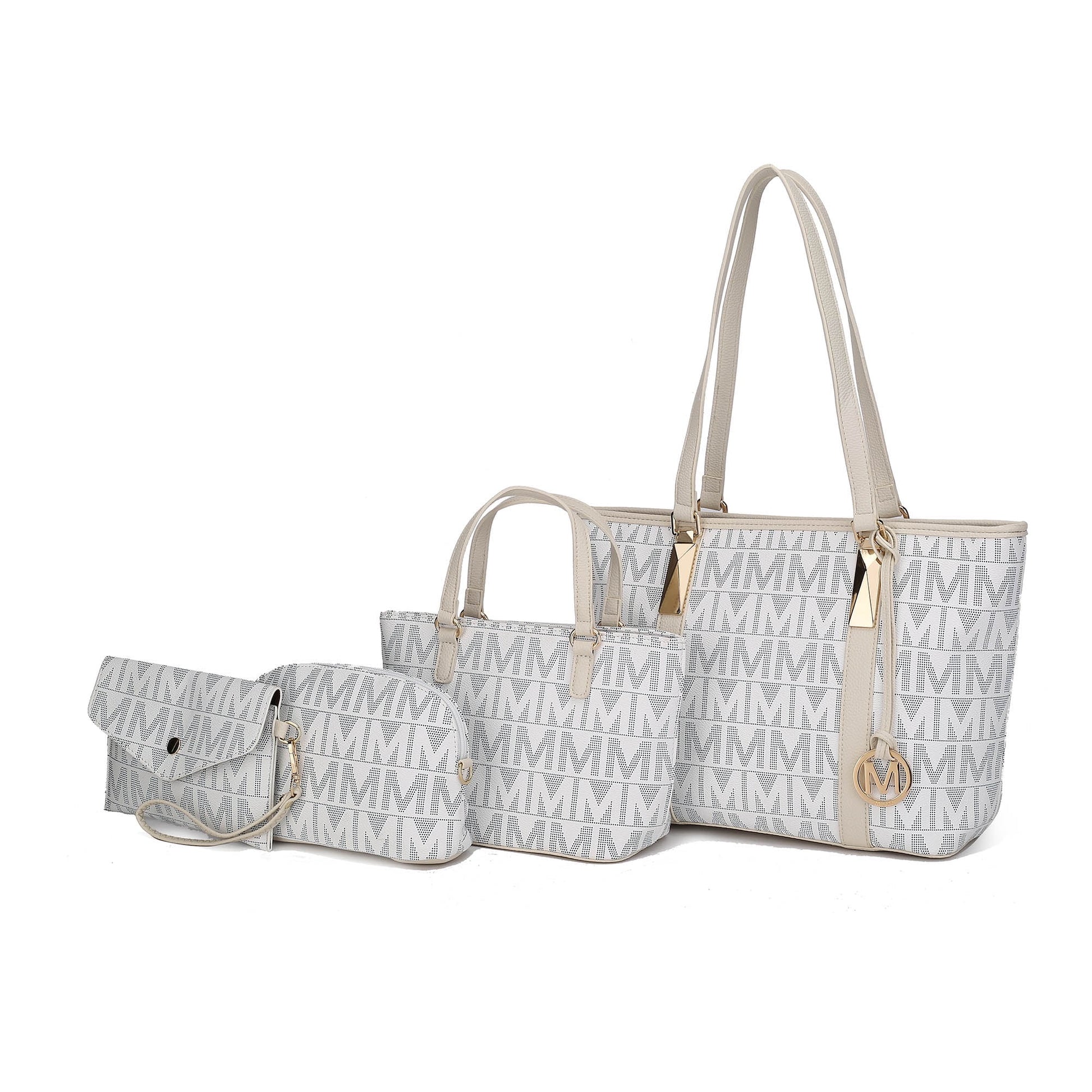 Vegan Leather Women'S Tote Bag, Small Tote Handbag, Pouch Purse & Wristlet Wallet Bag 4 Pcs Set by Mia K - White